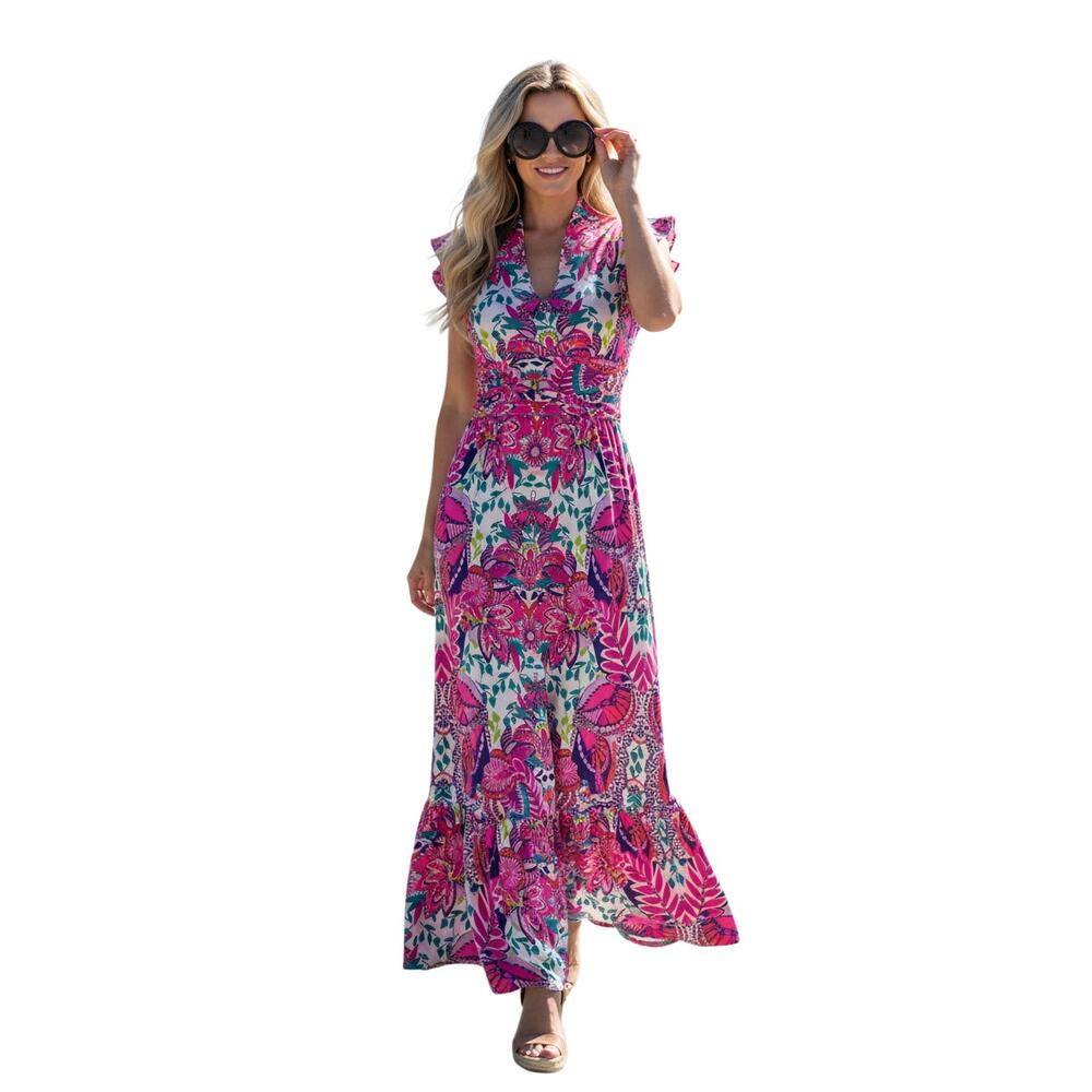 Lilly Pulitzer Adriann Maxi Dress She's Too Fly Pink Blue Flutter Sleeve XXS